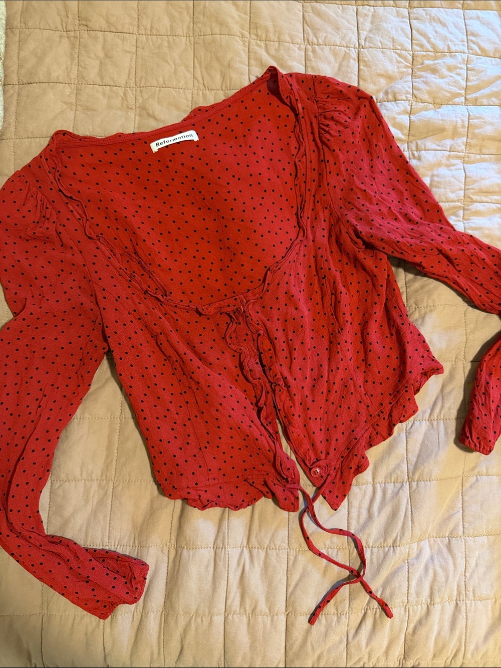 Reformation Red with Black Polka Dot Tie-Front Top